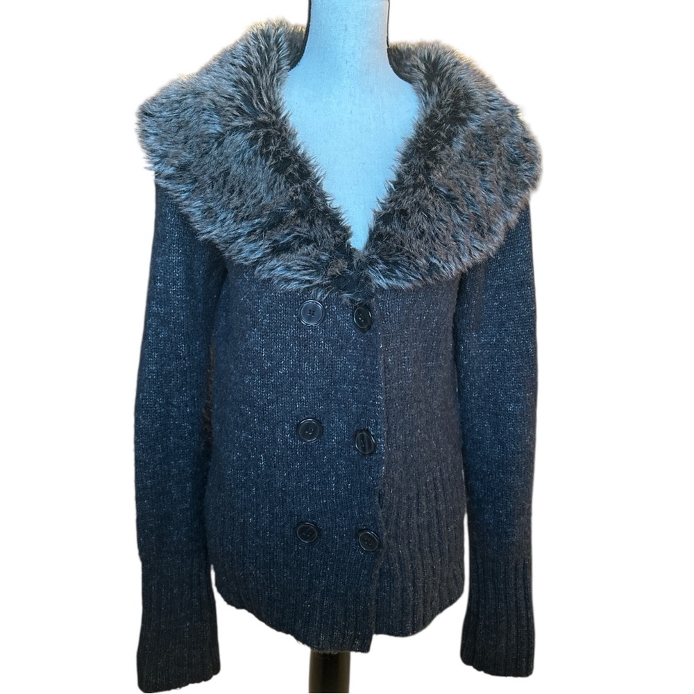 Romeo & Juliet Couture Charcoal Gray Faux Fur Collar Cardigan Jacket – Size 8